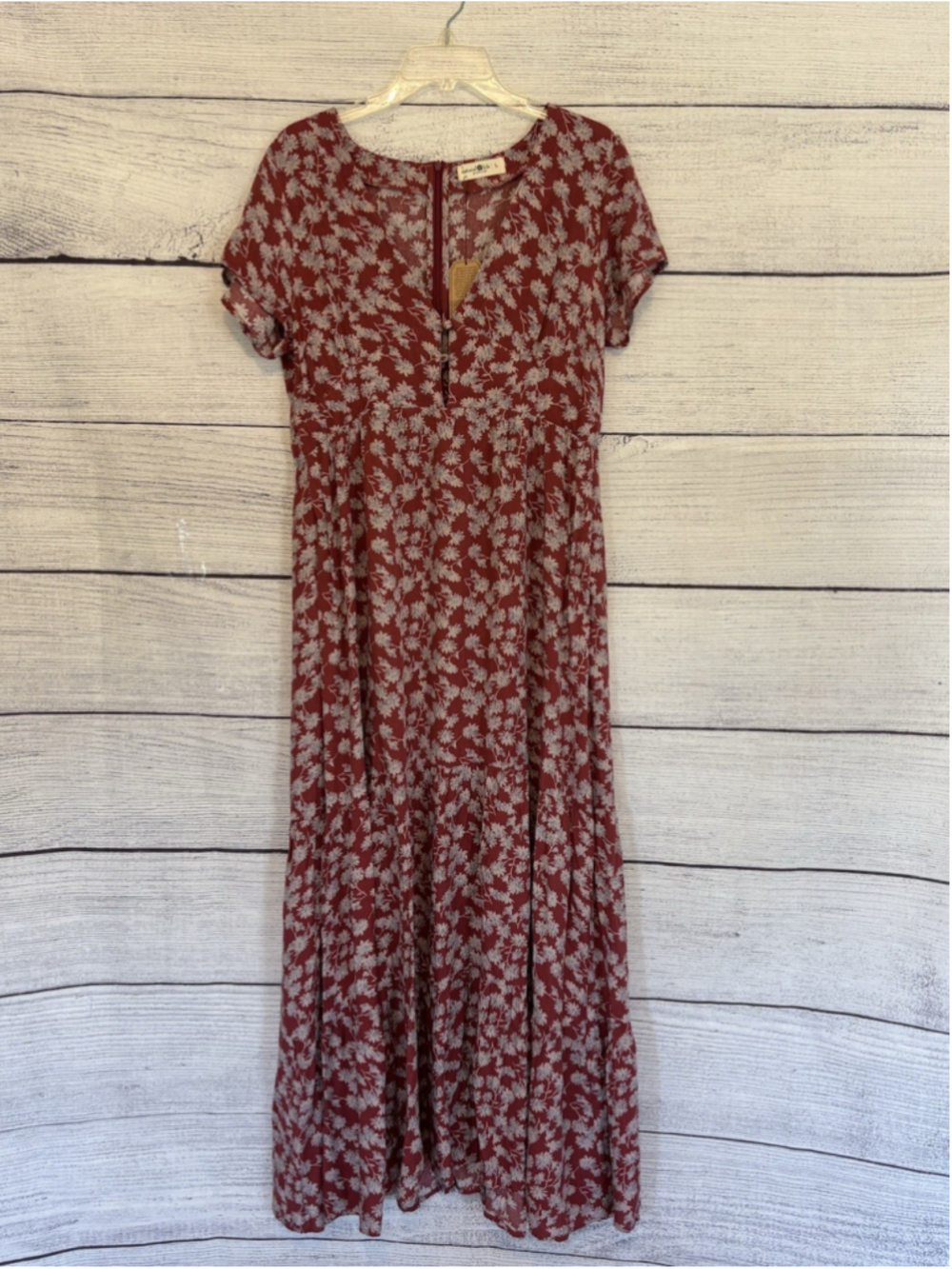 Natural Life Maxi Dress Sz Lg Red Floral Boho Cottagecore Festival Short Sleeve - Picture 3 of 8